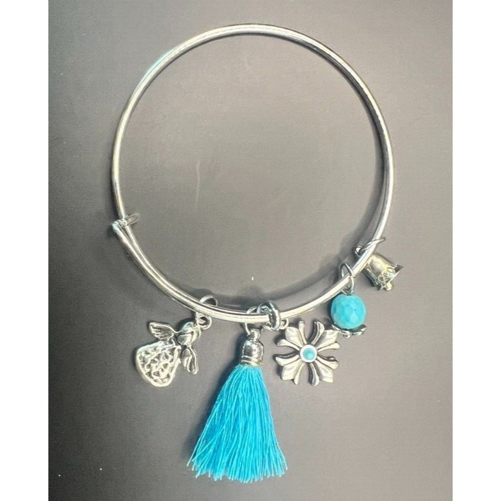 Alex and‎ Ani Silver Bangle Bracelet Turquoise Angel Bell Charms Adjustable New